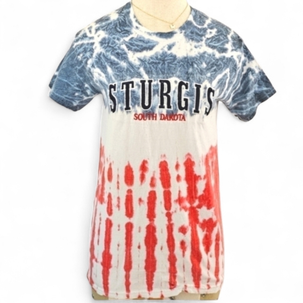 Vintage Embroidered Sturgis Rally Tee in Red, White, and Blue Tie Dye Size Small